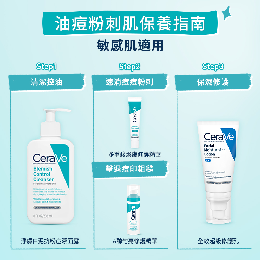 油痘粉刺肌保養指南，搭配淨膚白泥抗粉痘清面露清潔控油、全效超級修護乳保濕修護