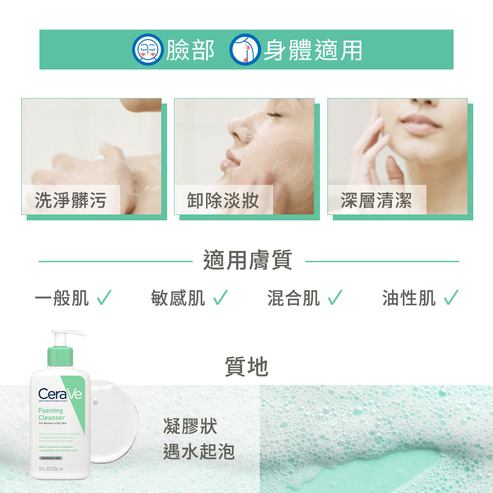 臉部、身體適用，洗淨髒污/卸除淡妝/溫和清潔